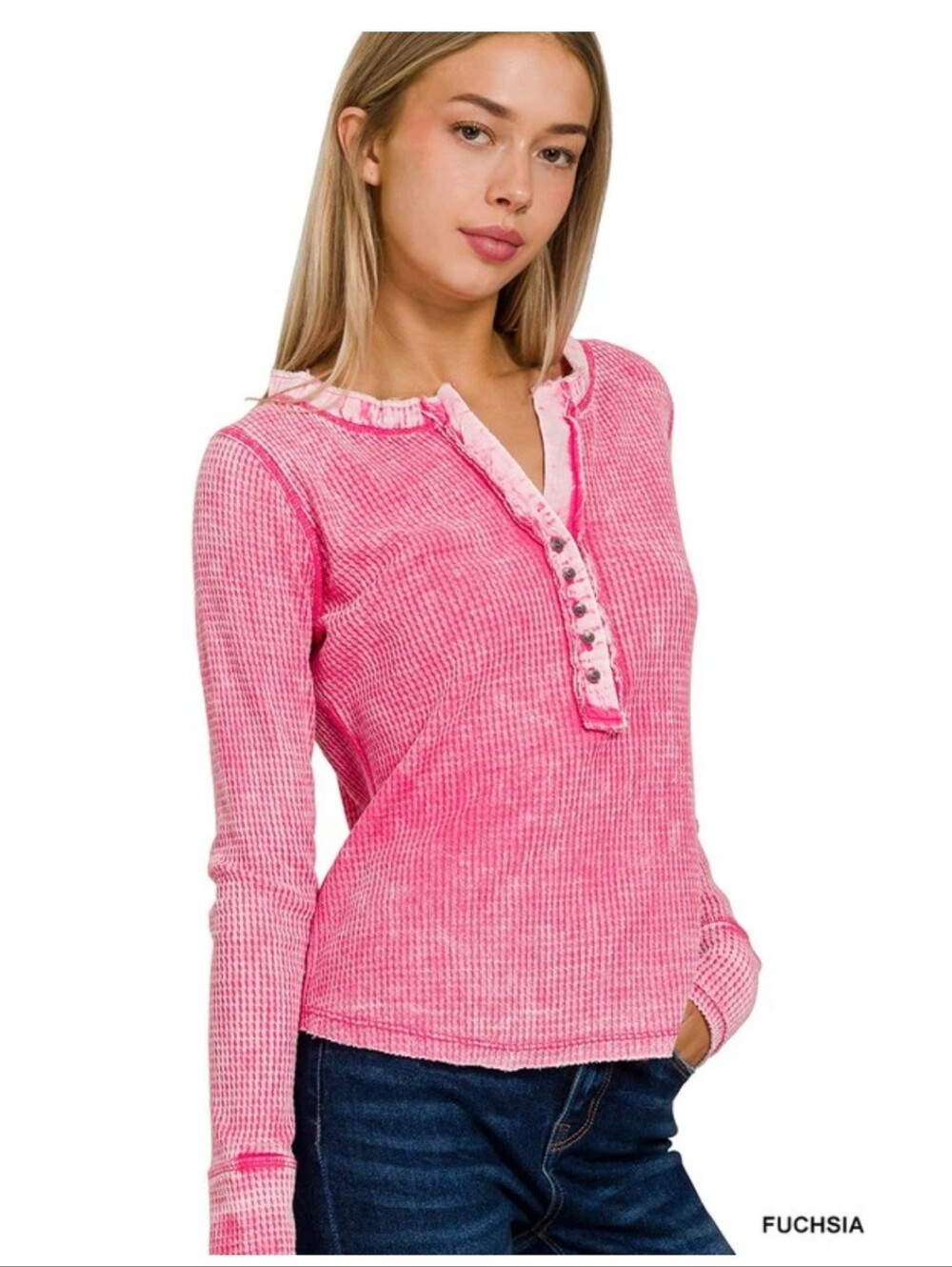 Fuchsia Acid Wash Long-Sleeve Waffle Henley Top - Women